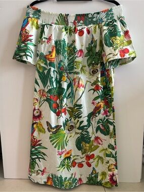 J. Crew Tropical Off-Shoulder Mini Dress - Green, White, Red- off the shoulder